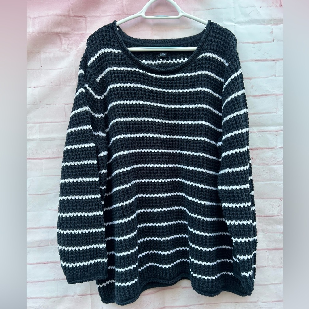 Ellos 1X black striped waffle knit cotton blend oversized nautical sweater